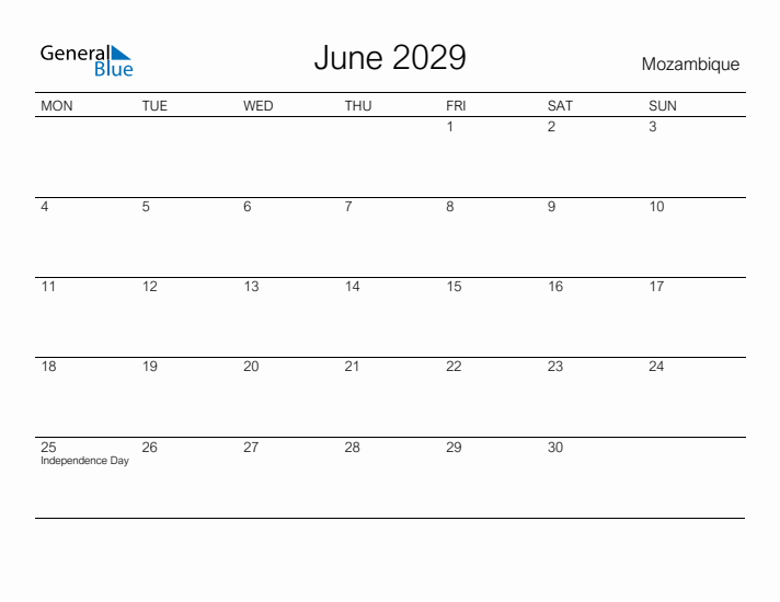 Printable June 2029 Calendar for Mozambique