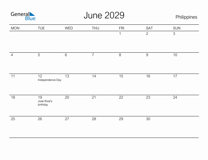 Printable June 2029 Calendar for Philippines