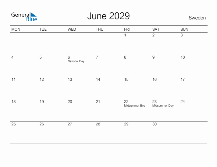 Printable June 2029 Calendar for Sweden