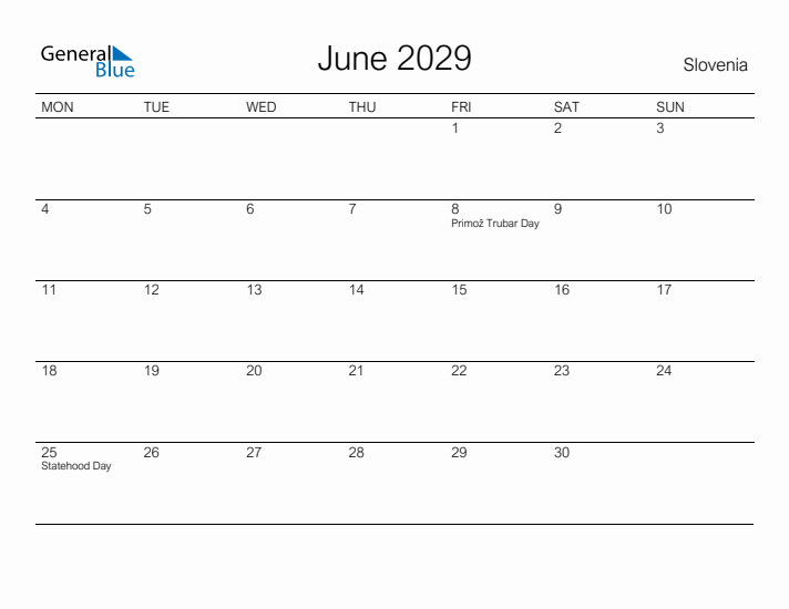 Printable June 2029 Calendar for Slovenia