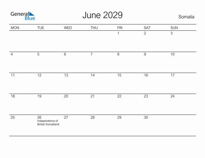 Printable June 2029 Calendar for Somalia