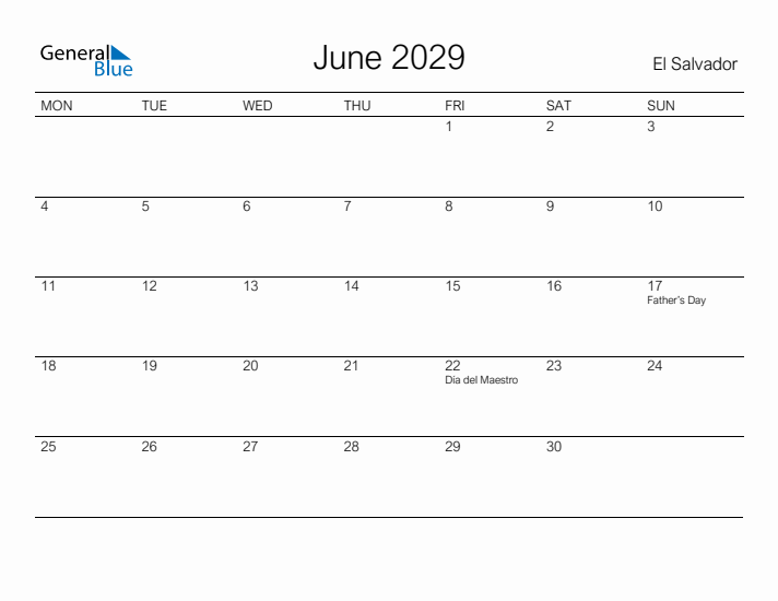 Printable June 2029 Calendar for El Salvador