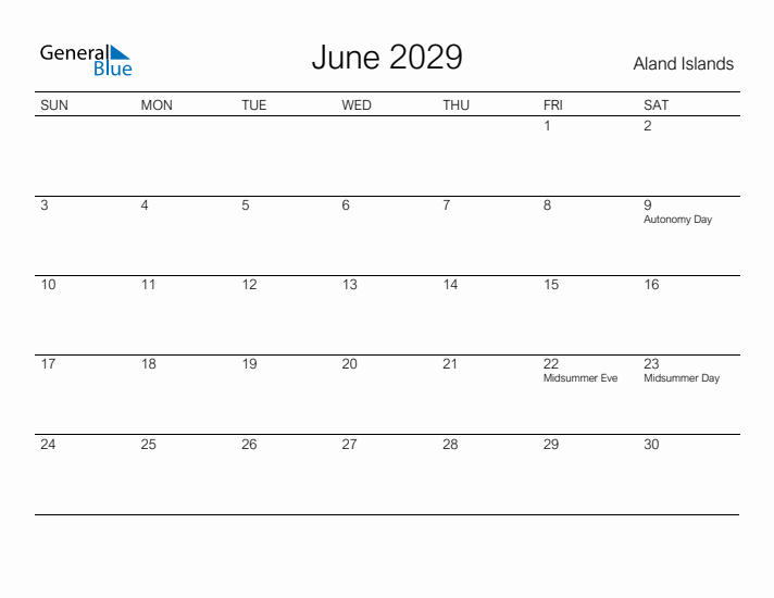 Printable June 2029 Calendar for Aland Islands