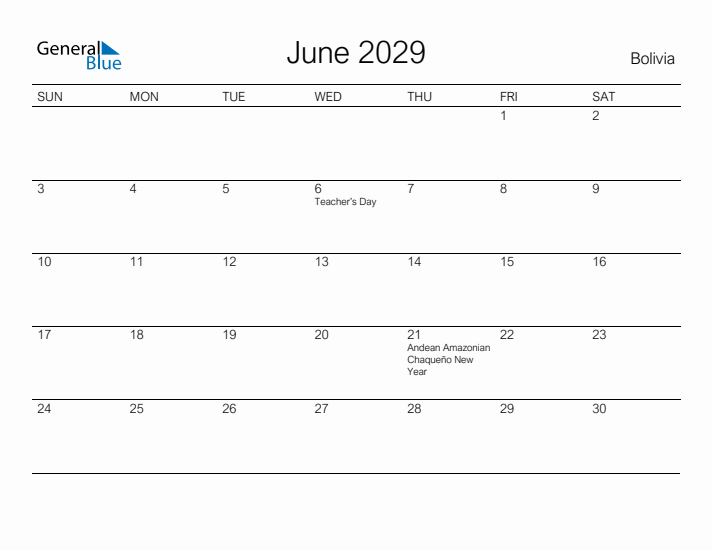 Printable June 2029 Calendar for Bolivia