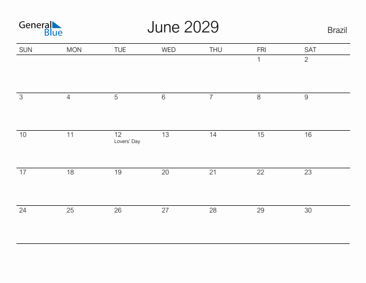 Printable June 2029 Calendar for Brazil