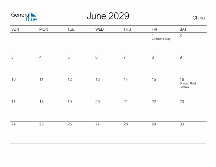 Printable June 2029 Calendar for China