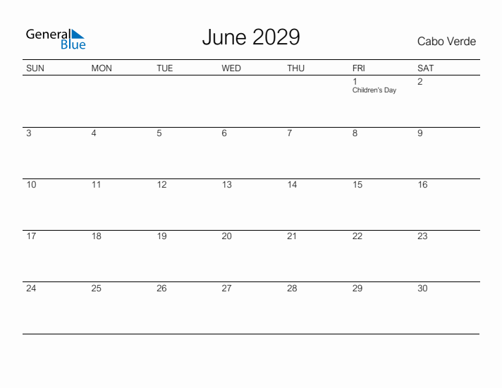 Printable June 2029 Calendar for Cabo Verde