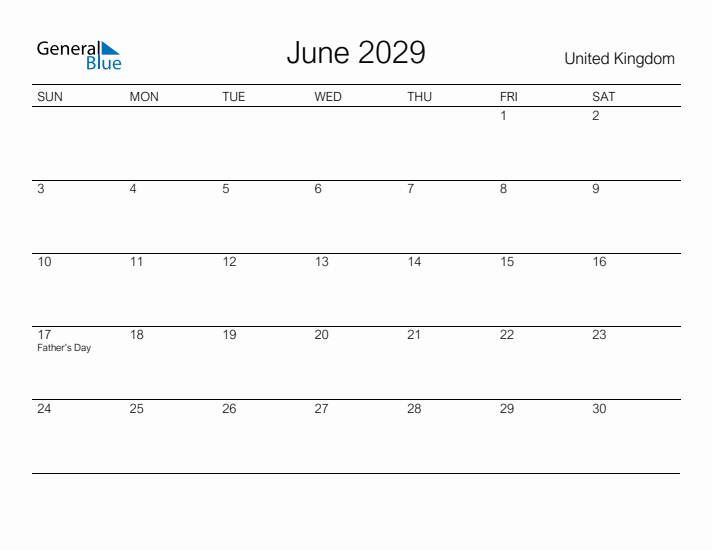 Printable June 2029 Calendar for United Kingdom