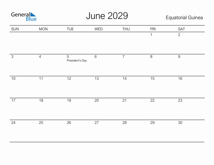 Printable June 2029 Calendar for Equatorial Guinea