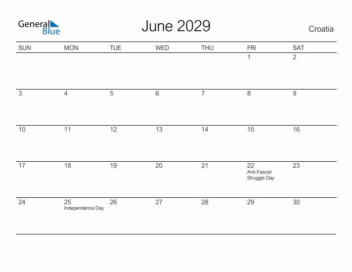 Printable June 2029 Calendar for Croatia