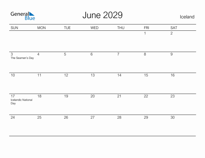 Printable June 2029 Calendar for Iceland