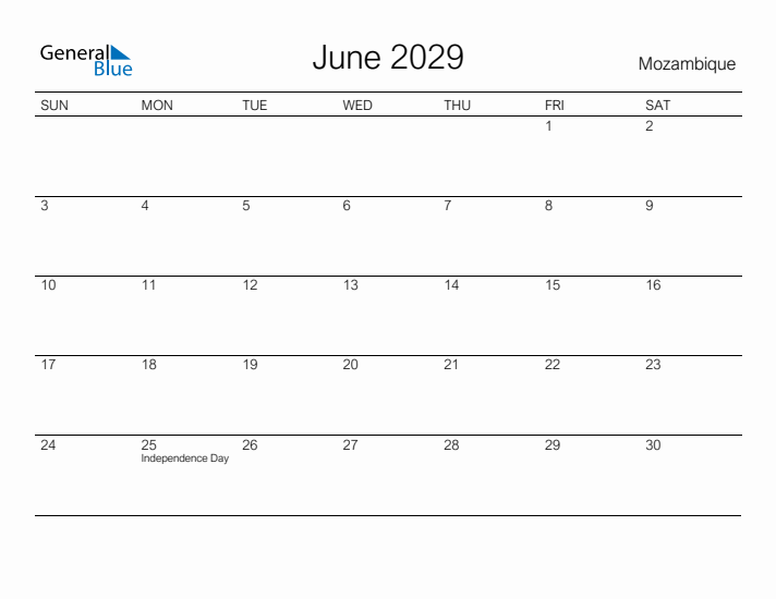 Printable June 2029 Calendar for Mozambique