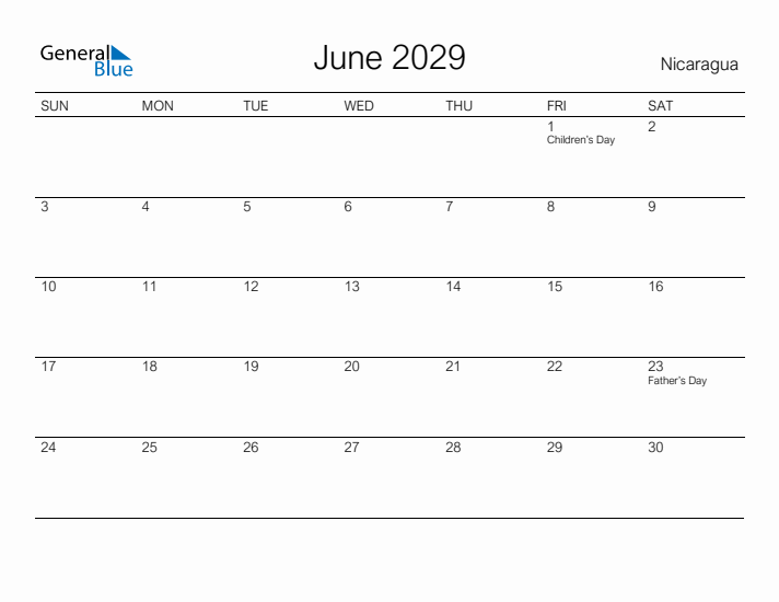 Printable June 2029 Calendar for Nicaragua