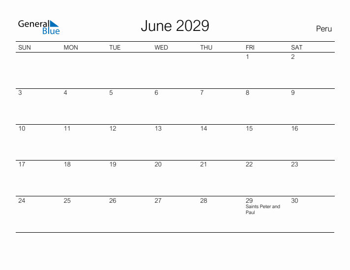 Printable June 2029 Calendar for Peru