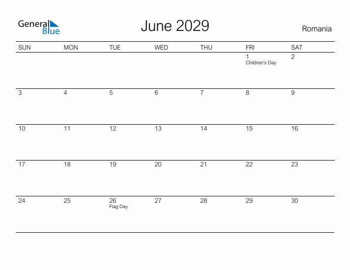 Printable June 2029 Calendar for Romania