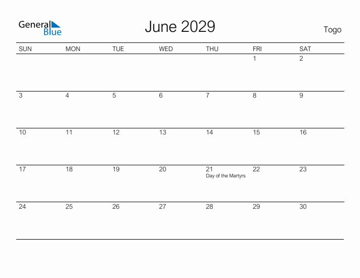 Printable June 2029 Calendar for Togo