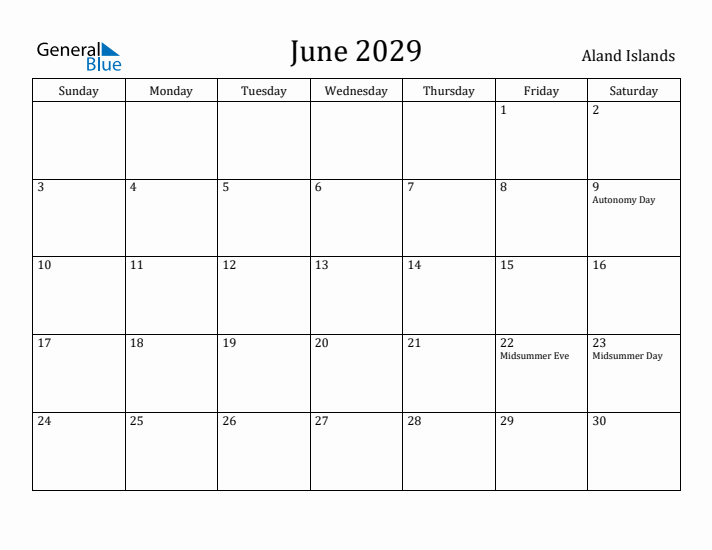 June 2029 Calendar Aland Islands