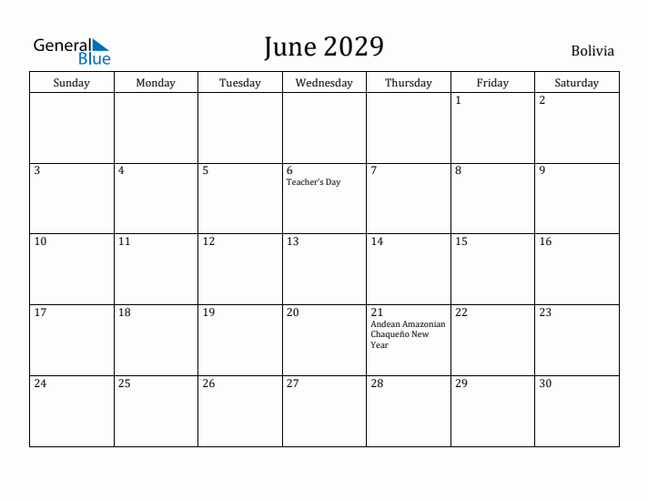 June 2029 Calendar Bolivia