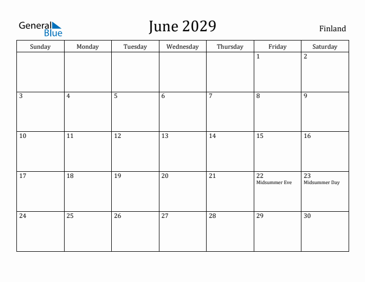 June 2029 Calendar Finland