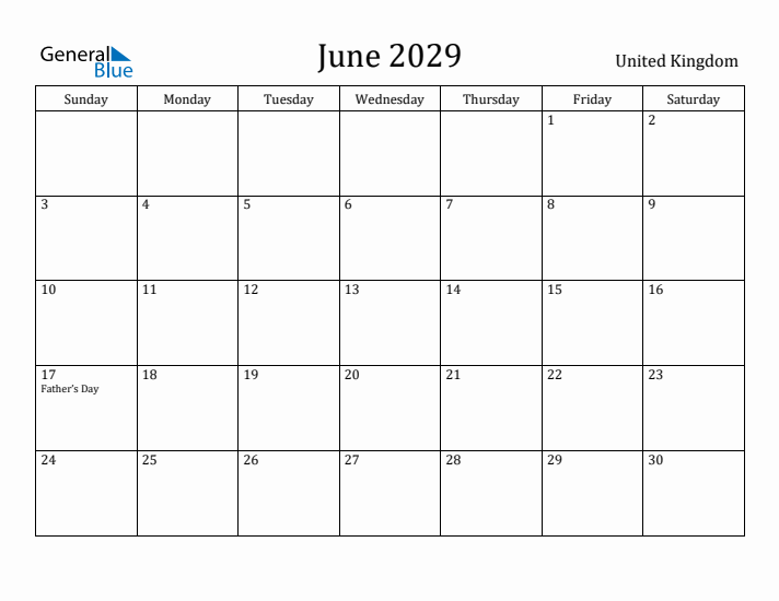 June 2029 Calendar United Kingdom