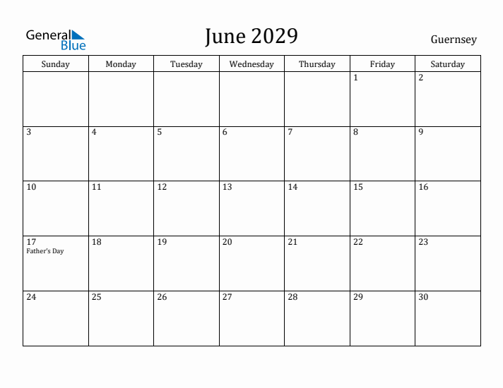 June 2029 Calendar Guernsey