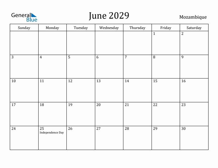 June 2029 Calendar Mozambique