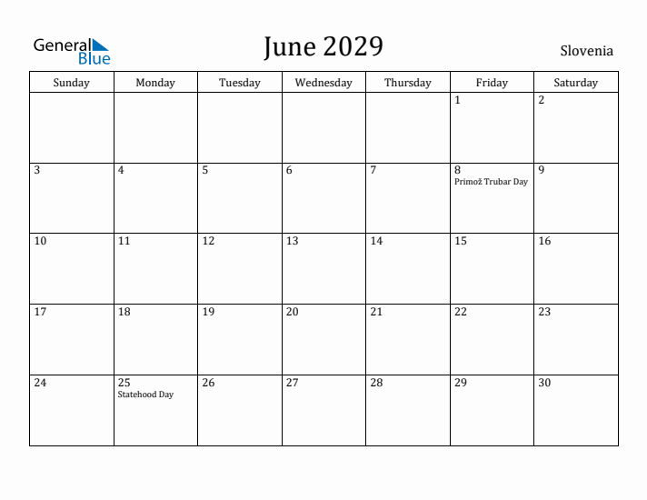 June 2029 Calendar Slovenia