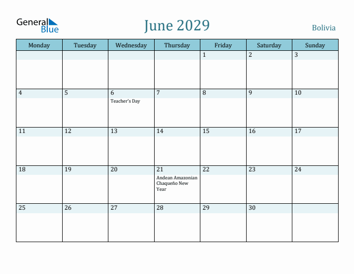 June 2029 Calendar with Holidays