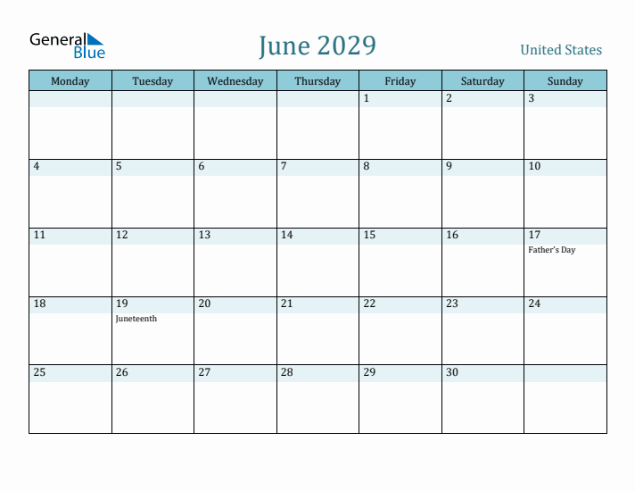 June 2029 Calendar with Holidays