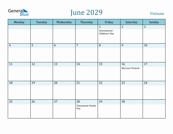 June 2029 Calendar with Holidays