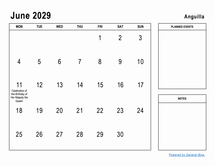 June 2029 Printable Monthly Calendar with Anguilla Holidays