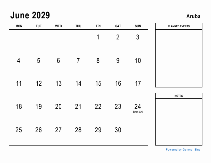 June 2029 Printable Monthly Calendar with Aruba Holidays