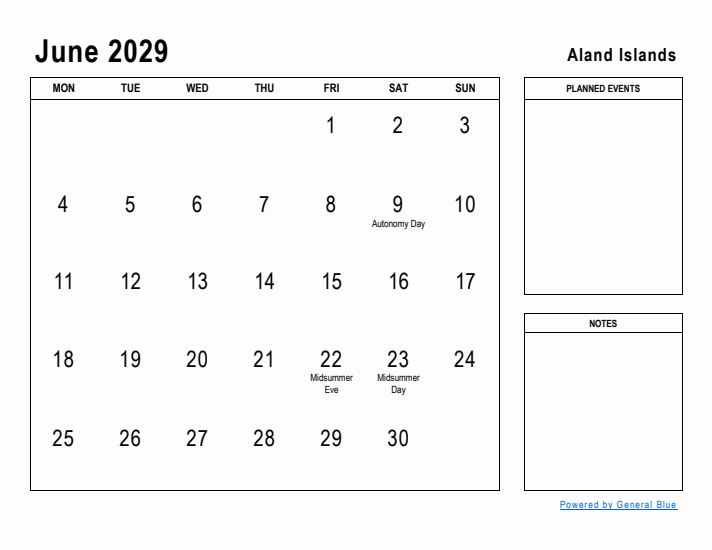 June 2029 Printable Monthly Calendar with Aland Islands Holidays