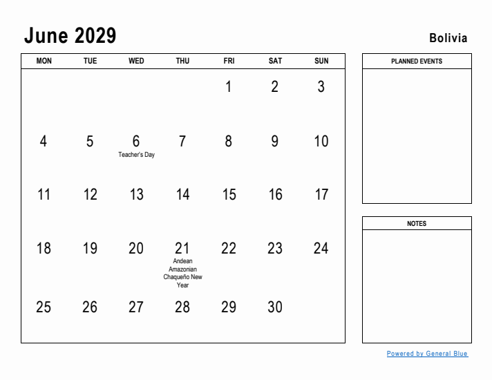 June 2029 Printable Monthly Calendar with Bolivia Holidays