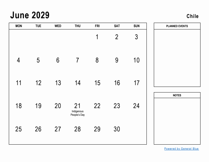 June 2029 Printable Monthly Calendar with Chile Holidays