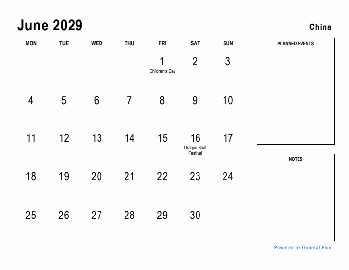 June 2029 Printable Monthly Calendar with China Holidays