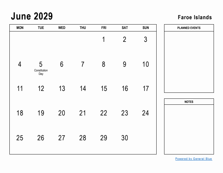 June 2029 Printable Monthly Calendar with Faroe Islands Holidays