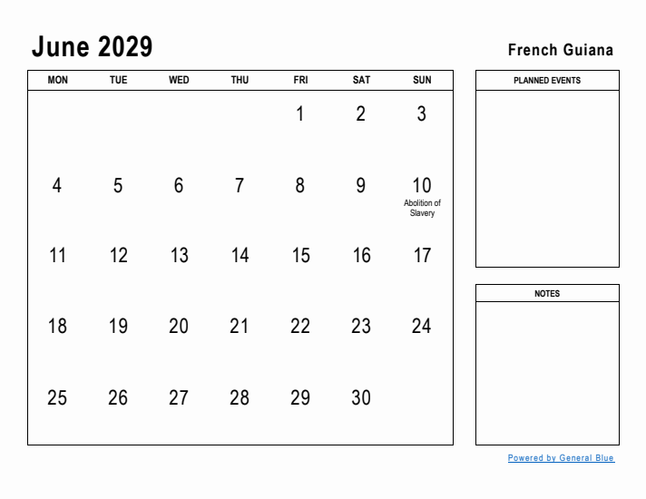 June 2029 Printable Monthly Calendar with French Guiana Holidays