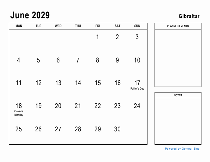 June 2029 Printable Monthly Calendar with Gibraltar Holidays