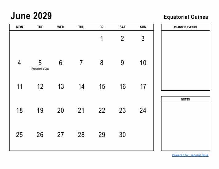 June 2029 Printable Monthly Calendar with Equatorial Guinea Holidays