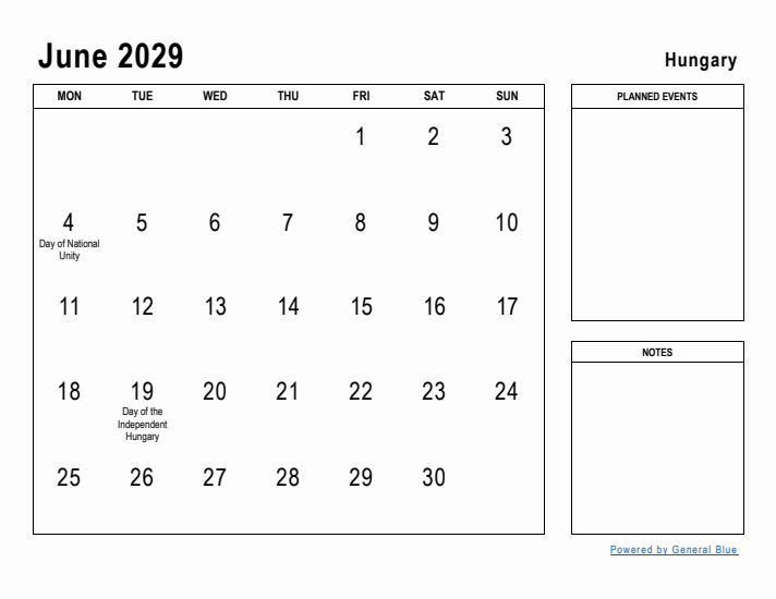 June 2029 Printable Monthly Calendar with Hungary Holidays