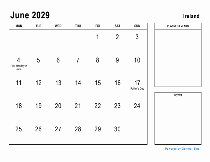 June 2029 Printable Monthly Calendar with Ireland Holidays