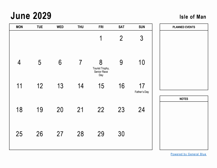 June 2029 Printable Monthly Calendar with Isle of Man Holidays