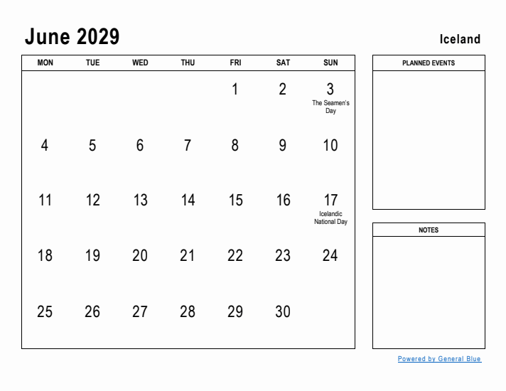 June 2029 Printable Monthly Calendar with Iceland Holidays