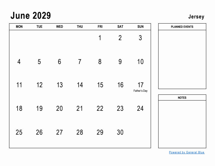 June 2029 Printable Monthly Calendar with Jersey Holidays