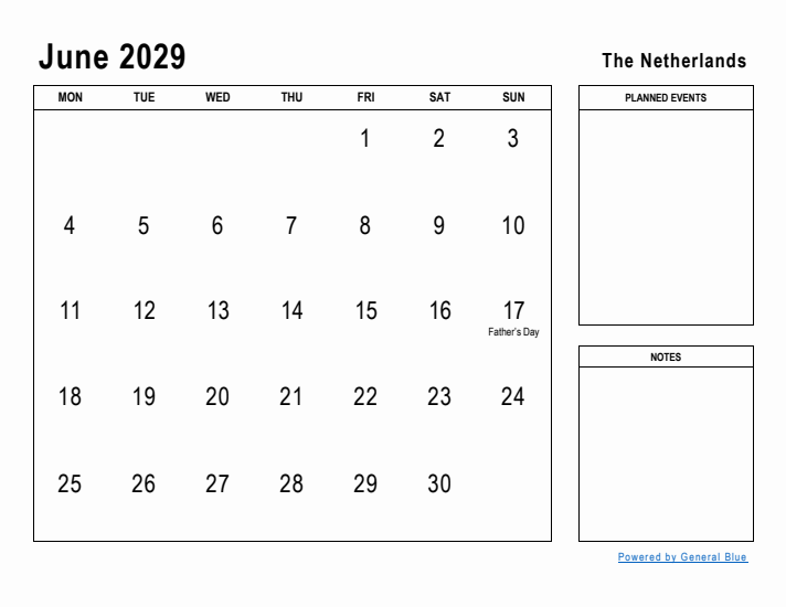 June 2029 Printable Monthly Calendar with The Netherlands Holidays