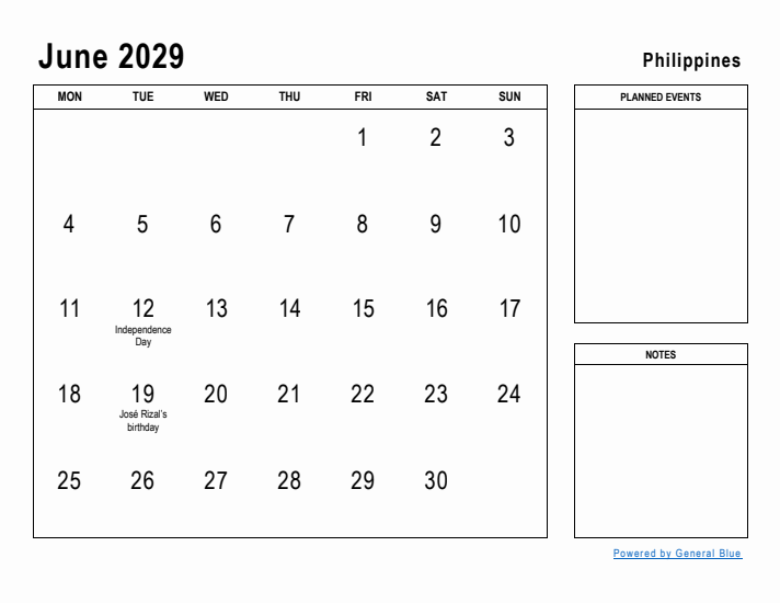 June 2029 Printable Monthly Calendar with Philippines Holidays