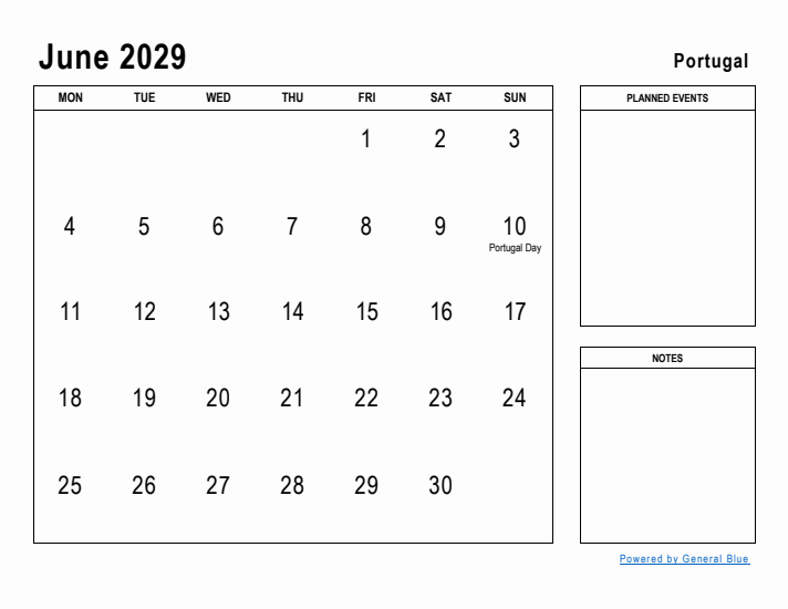 June 2029 Printable Monthly Calendar with Portugal Holidays