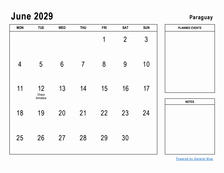 June 2029 Printable Monthly Calendar with Paraguay Holidays