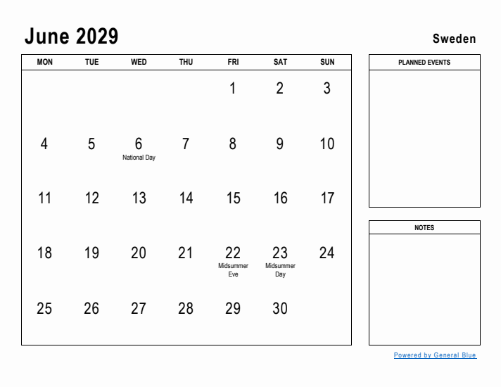 June 2029 Printable Monthly Calendar with Sweden Holidays